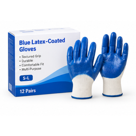 Blue Latex-Coated Gloves – 12 Pairs, S–L