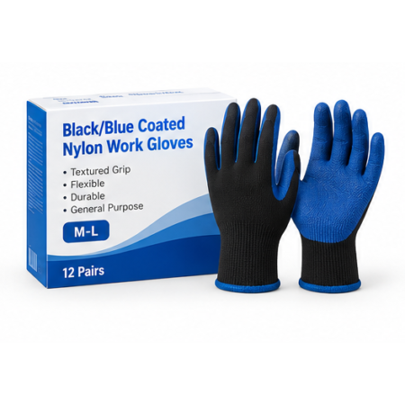 Black/Blue Coated Nylon Work Gloves – 12 Pairs, M–L