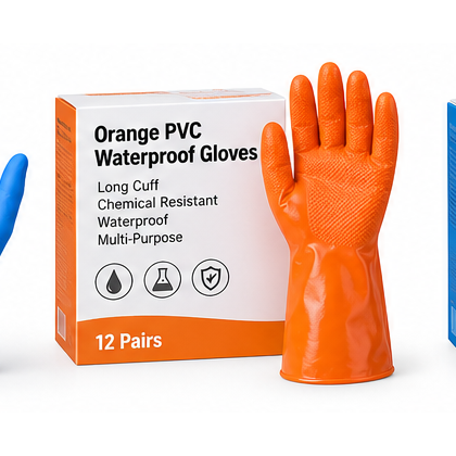 Orange PVC Waterproof Gloves – Long Cuff, 12 Pairs
