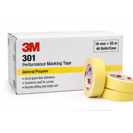 3M 301 Yellow Masking Tape – 18 mm × 55 m, 48 Rolls/Case