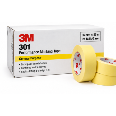 3M 301 Yellow Masking Tape – 36 mm × 55 m, 24 Rolls/Case