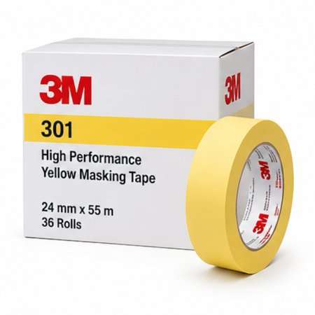 3M 301 Yellow Masking Tape – 24 mm × 55 m, 36 Rolls/Case